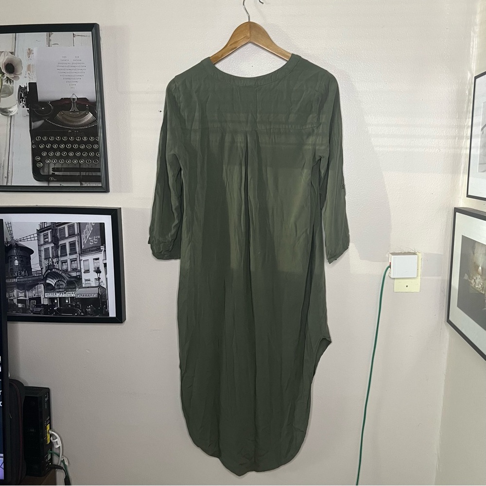 Cupio Sage Green Shirt Dress 3/4 Sleeve Size M V Neck High Low Oversized Midi - Picture 10 of 10
